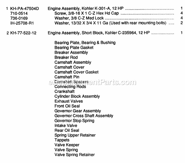 Service Engines Diagram and Parts List for 127 2050040U Cub Cadet Lawn Tractor